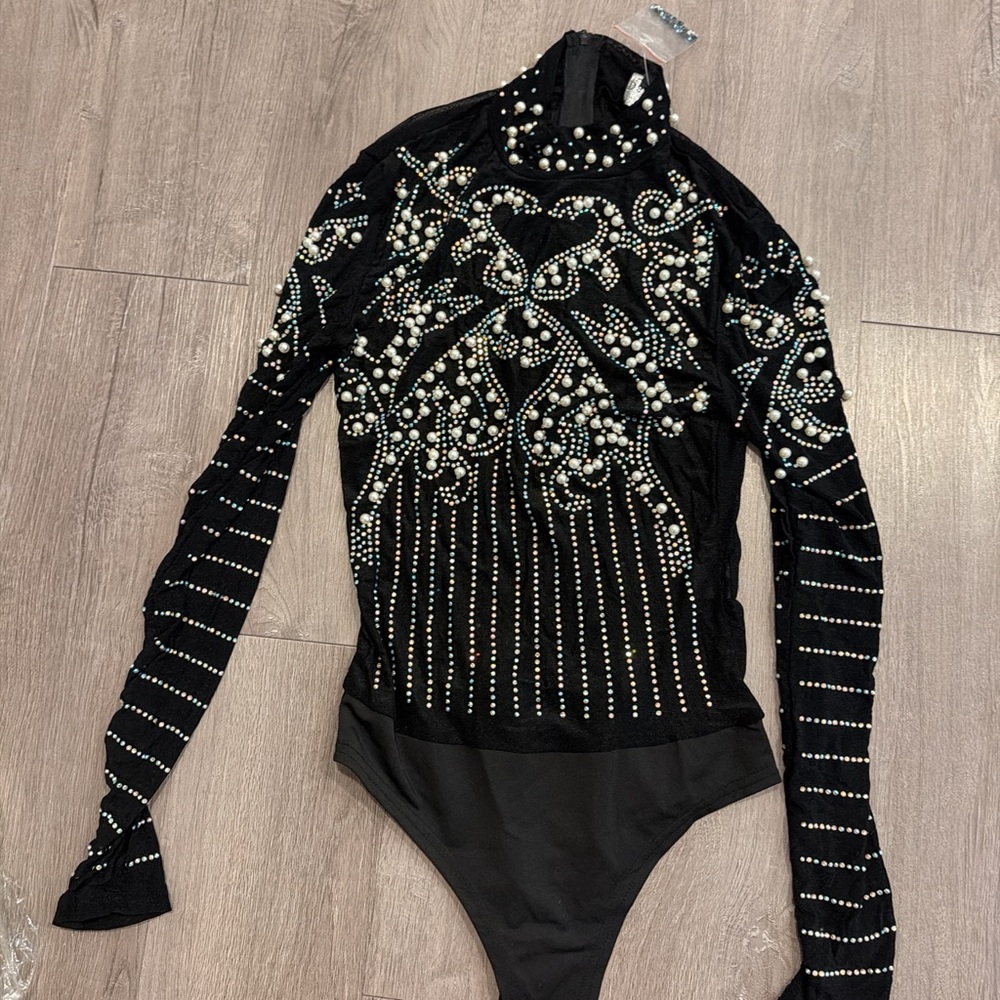 Black Embellished Long-Sleeve Bodysuit with Pearls